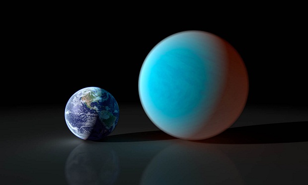 This artistâs concept contrasts our familiar Earth with the exceptionally strange planet known as 55 Cancri e. While it is only about twice the size of the Earth, NASA's Spitzer Space Telescope has gathered surprising new details about this supersized a